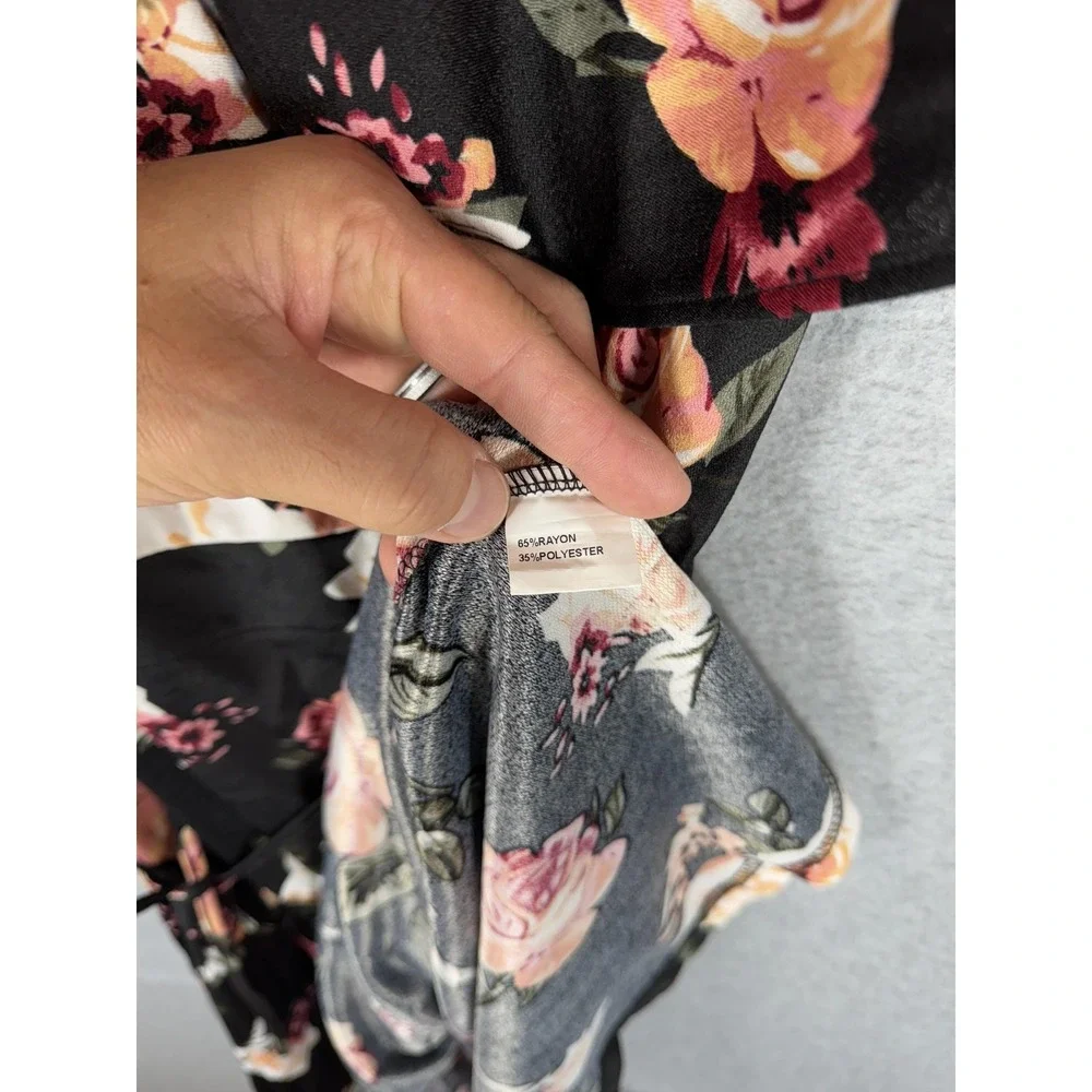 Fantaist Dress Womens Large Black Floral Wrap Short Sleeve Fit Flare Belted Boho